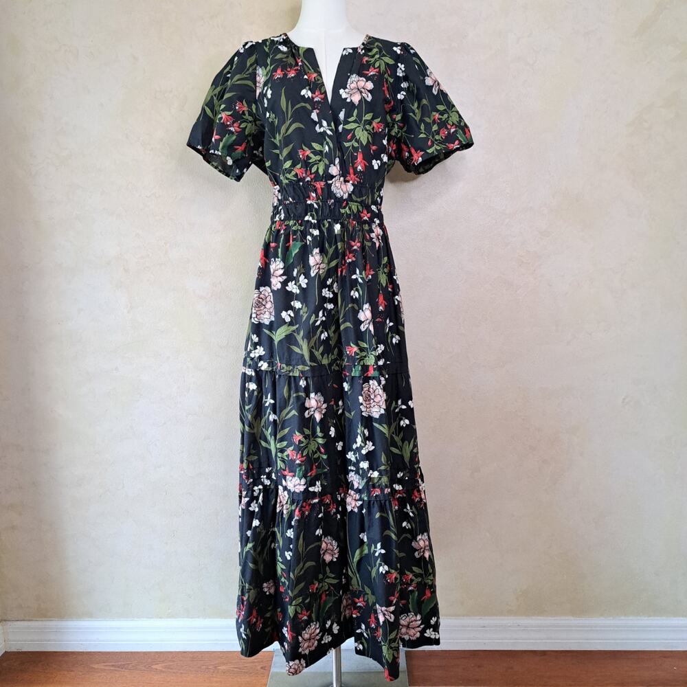Anthropologie Somerset Maxi Dress Size XL Black Dark Floral Print Tiered - Picture 2 of 14